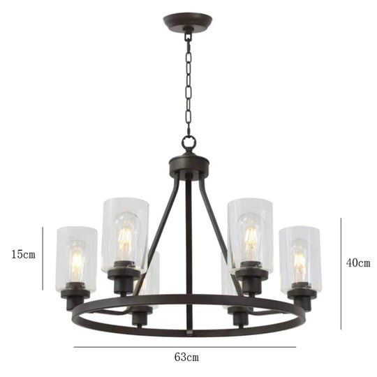 Round Six Heads Wrought Iron Chandelier Bar Restaurant Glass Lamps Pendant