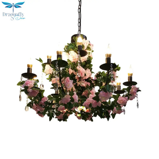 10 - Bulb Ceiling Chandelier Antiqued Candelabra Metal Drop Pendant With Pink/Purple And Red Fake