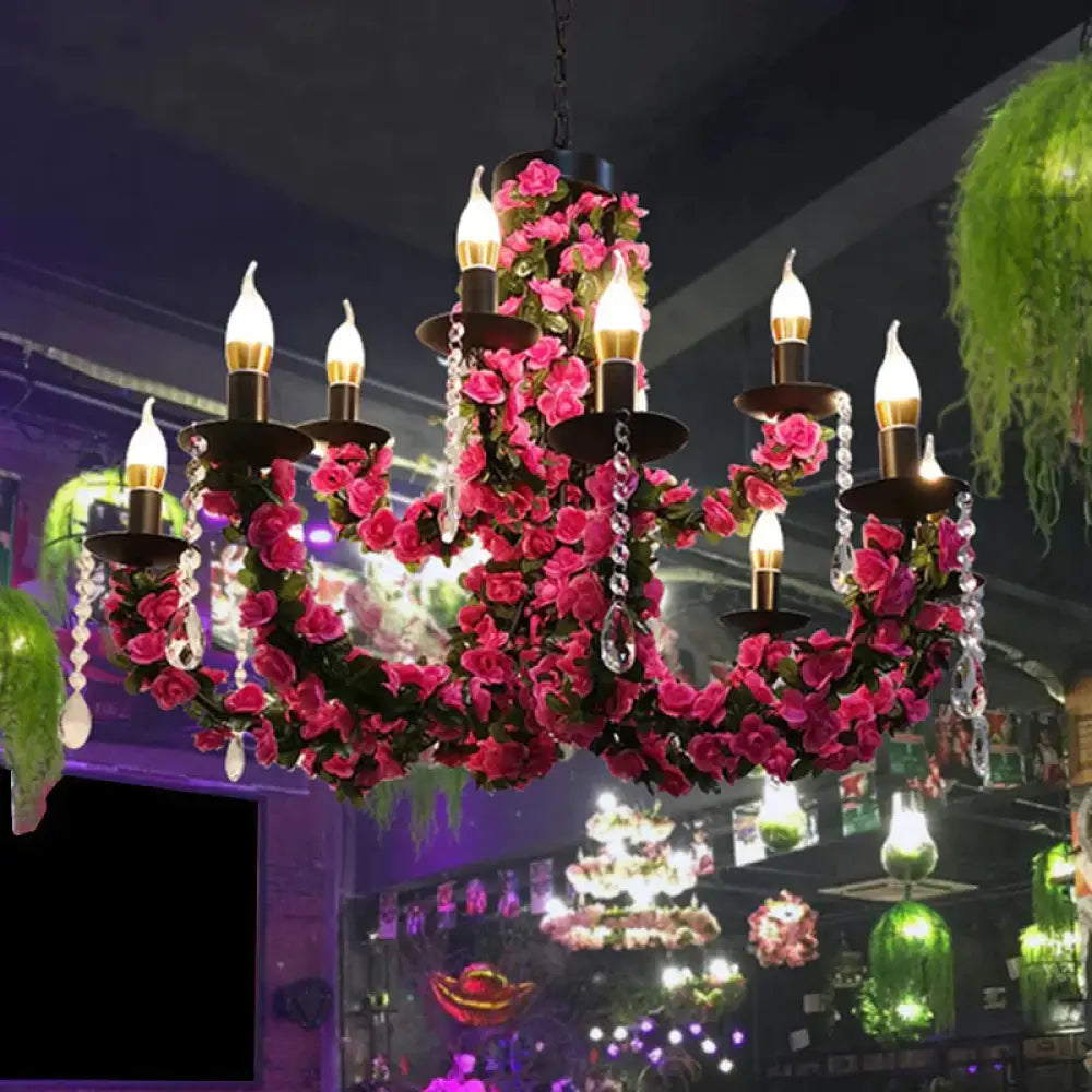 10 - Bulb Ceiling Chandelier Antiqued Candelabra Metal Drop Pendant With Pink/Purple And Red Fake