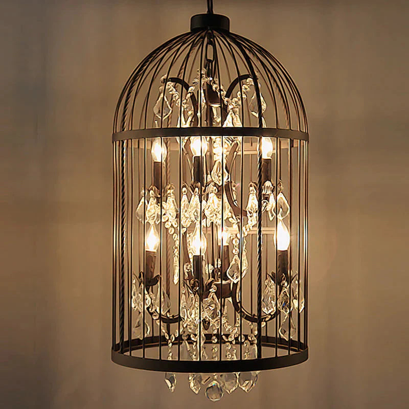 American Retro Crystal Chandelier Birdcage Wrought Iron Black 4 Heads 35Cm Pendant