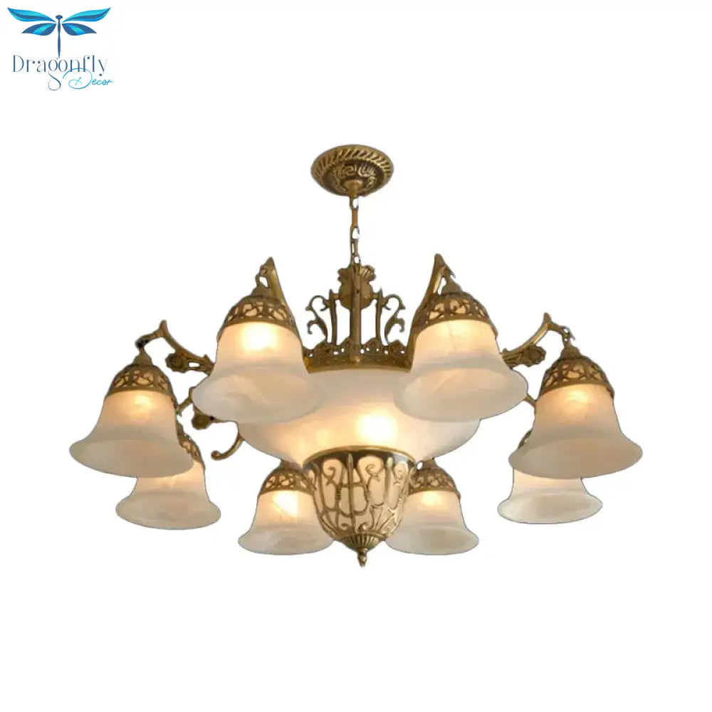 11 Bulbs Down Chandelier Retro Living Room Hanging Light Kit With Bell Alabaster Glass Shade In