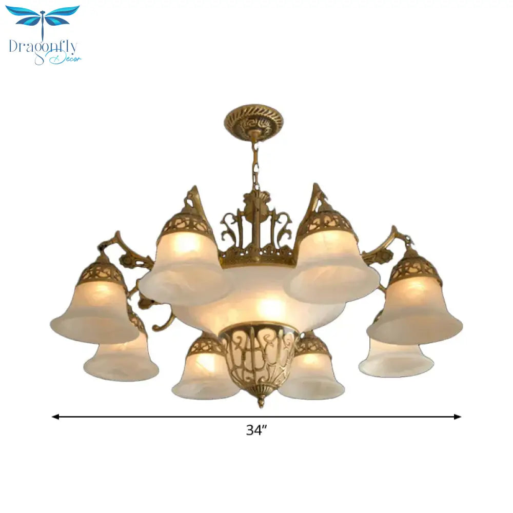 11 Bulbs Down Chandelier Retro Living Room Hanging Light Kit With Bell Alabaster Glass Shade In