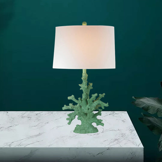 Arya - Green/Red Resin Table Lighting Coral 1 Bulb Countryside Night Stand Lamp With Drum Fabric