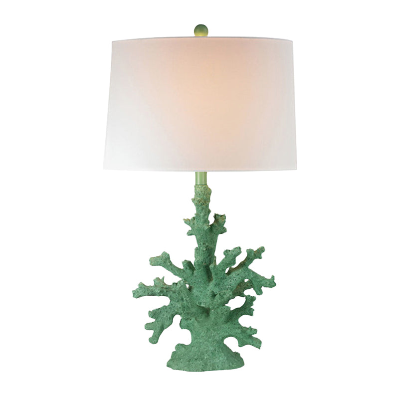Arya - Green/Red Resin Table Lighting Coral 1 Bulb Countryside Night Stand Lamp With Drum Fabric