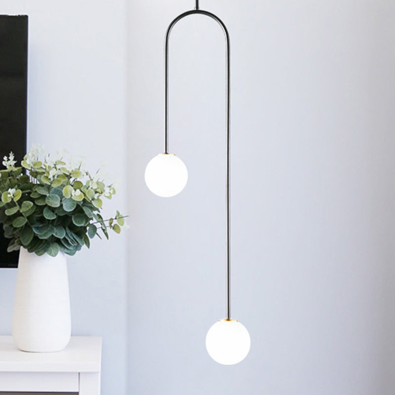 Giovanna - Stylish Black/Gold Ball Cluster Pendant Post - Modernist 2 Lights White Glass Led