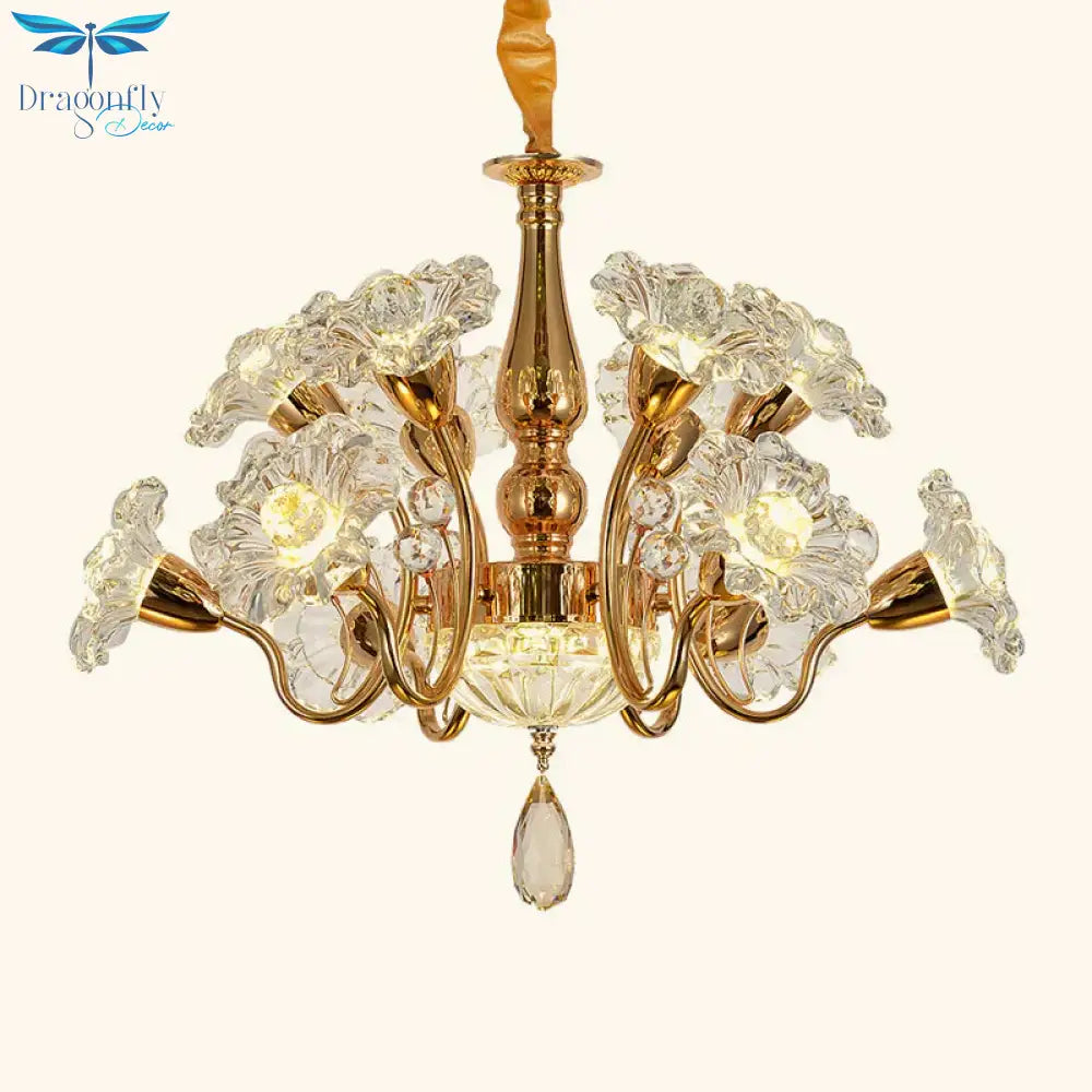 12 Bulbs Swirled Arm Chandelier Traditional Gold Clear 2 - Tier Crystal Flower Shade Ceiling Light