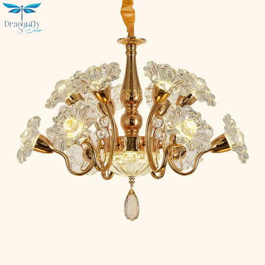 12 Bulbs Swirled Arm Chandelier Traditional Gold Clear 2 - Tier Crystal Flower Shade Ceiling Light