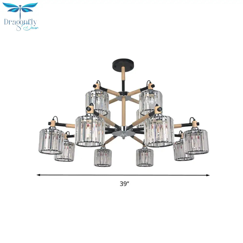 12 Heads Cylinder Chandelier Lighting Traditional Clear Three Sided Crystal Rod Hanging Ceiling