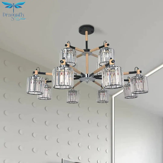 12 Heads Cylinder Chandelier Lighting Traditional Clear Three Sided Crystal Rod Hanging Ceiling
