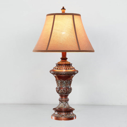 Haldus - Vintage Style Bell Shade Nightstand Lamp 1 Bulb Fabric Desk Light In Red Brown With Urn -