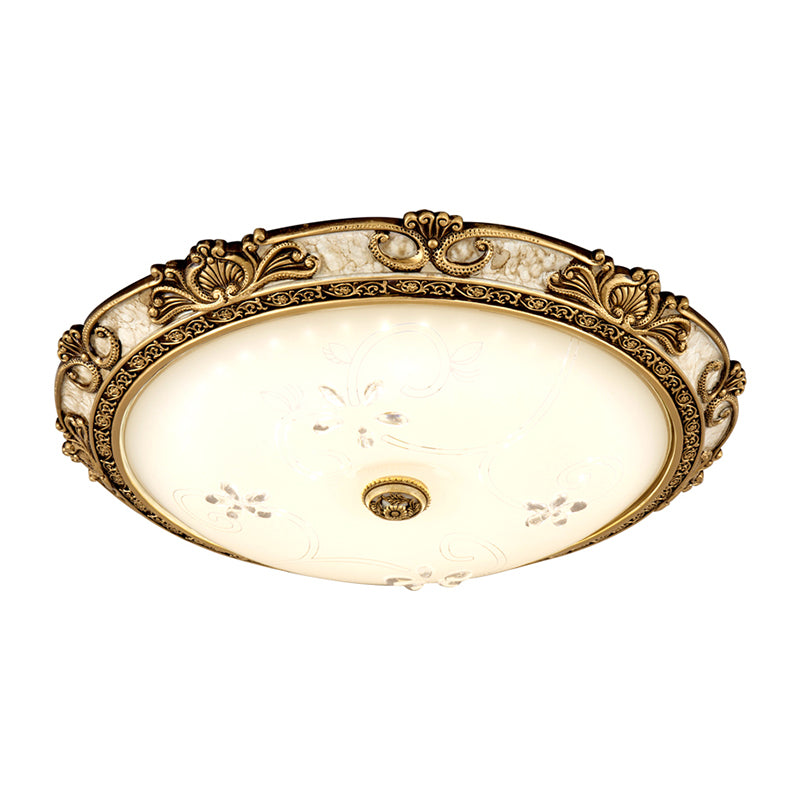 Country - Style Veined Glass Dome Flush Mount Lamp - Led Parlour Ceiling Fixture In Brass With