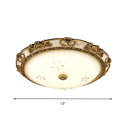 Country - Style Veined Glass Dome Flush Mount Lamp - Led Parlour Ceiling Fixture In Brass With