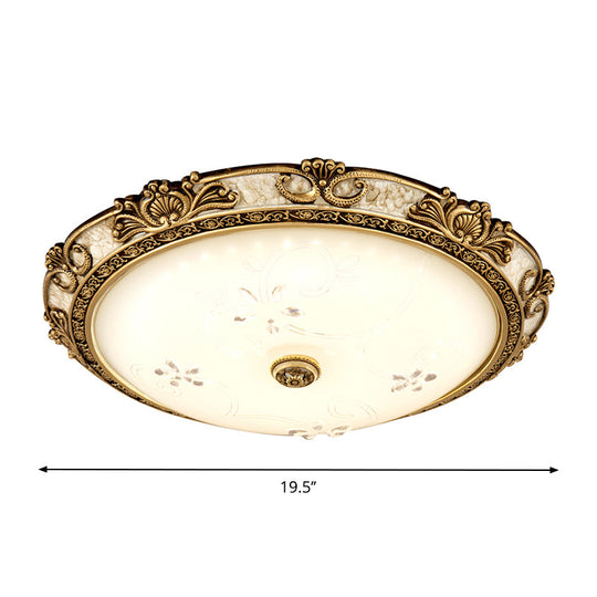 Country - Style Veined Glass Dome Flush Mount Lamp - Led Parlour Ceiling Fixture In Brass With