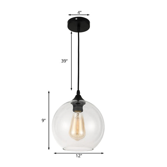Corinne - Industrial 1 Light Grey/Clear Glass Hanging Lamp In Black Wide Globe