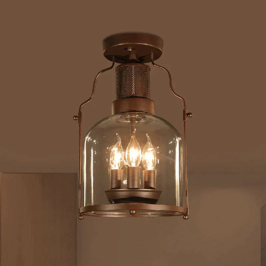 Rustic Semi Flush 3 - Light Ceiling Light Fixture With Clear Glass Dome Shade Rust