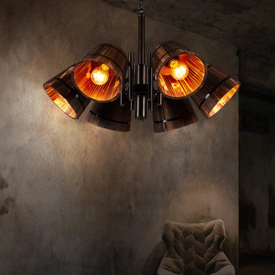 Rustic Wood Bucket 6 Heads Pendant Chandelier For Dining Room