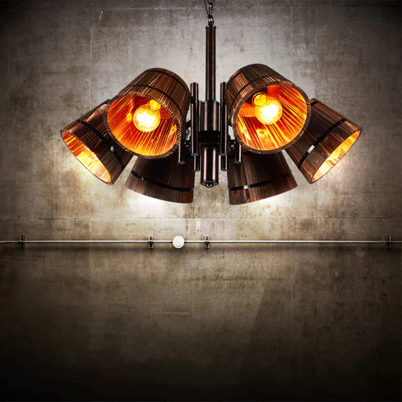 Rustic Wood Bucket 6 Heads Pendant Chandelier For Dining Room