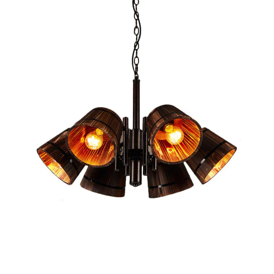 Rustic Wood Bucket 6 Heads Pendant Chandelier For Dining Room
