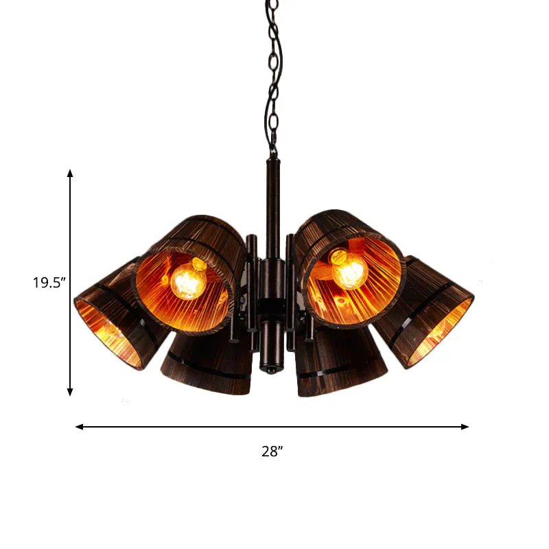 Rustic Wood Bucket 6 Heads Pendant Chandelier For Dining Room