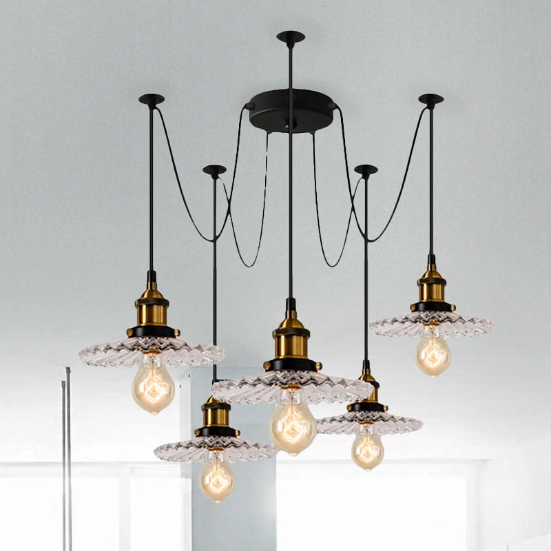 Monica - Vintage 3/5 - Light Multi Pendant With Radial Wave Shade Ribbed Glass Dining Room Hanging