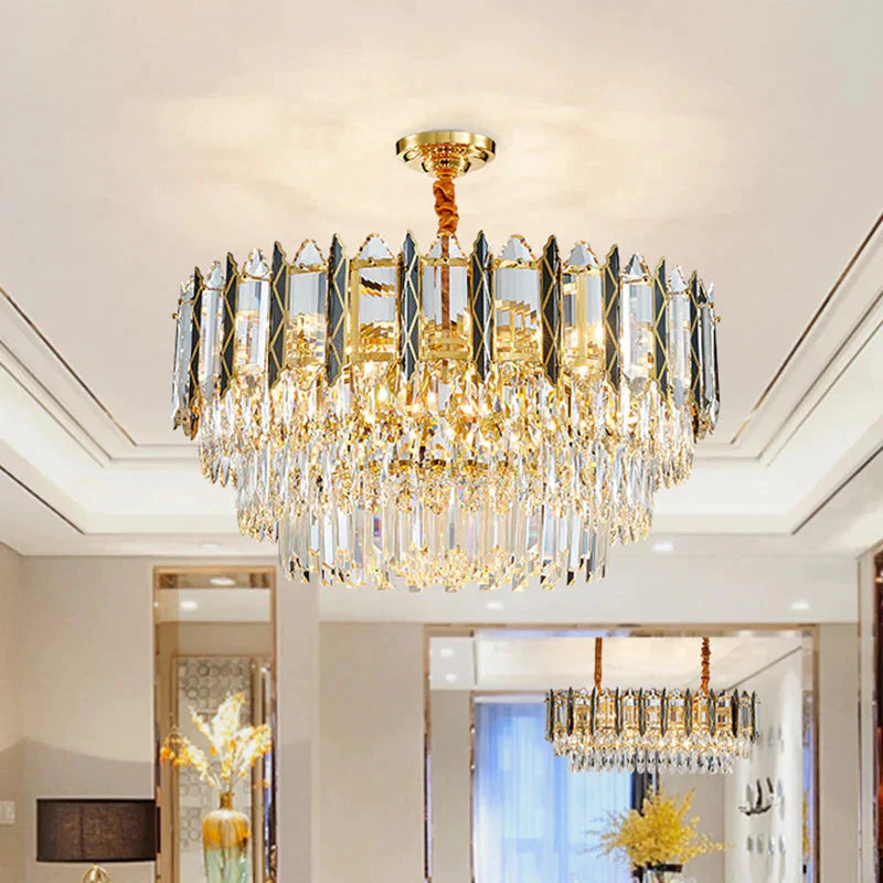 Modern Stylish Black - Gold Multi Tired 9 - Head Crystal Chandelier For Living Room