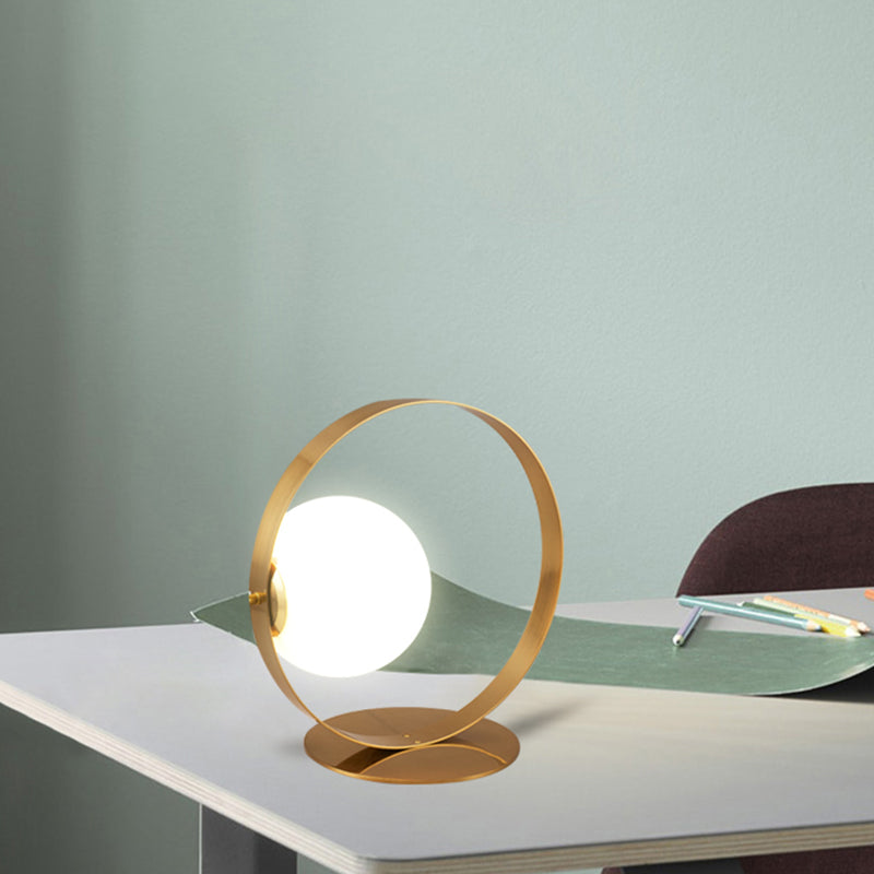 Beatrice - Gold Ring Table Lamp Postmodern 1 Bulb Iron Nightstand Light With Ball Opaline Glass