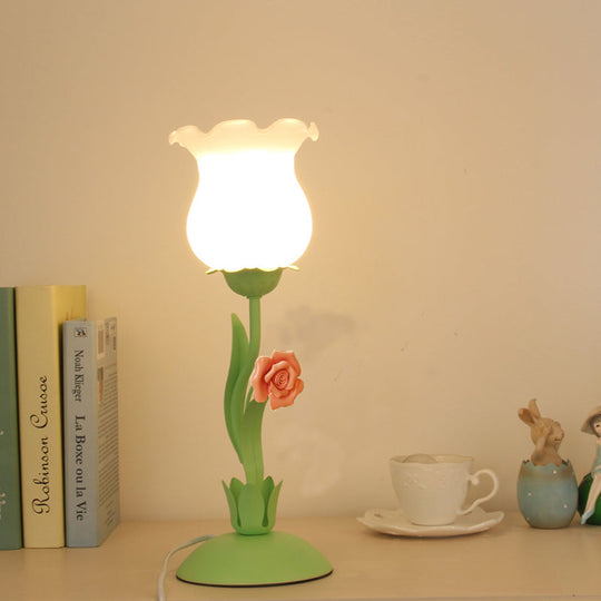 Acamar - Pastoral Rose Bud Table Light 1 Head Opal Matte Glass Nightstand Lamp With Pink/Blue/Green