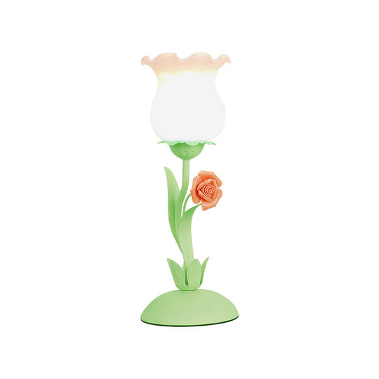 Acamar - Pastoral Rose Bud Table Light 1 Head Opal Matte Glass Nightstand Lamp With Pink/Blue/Green