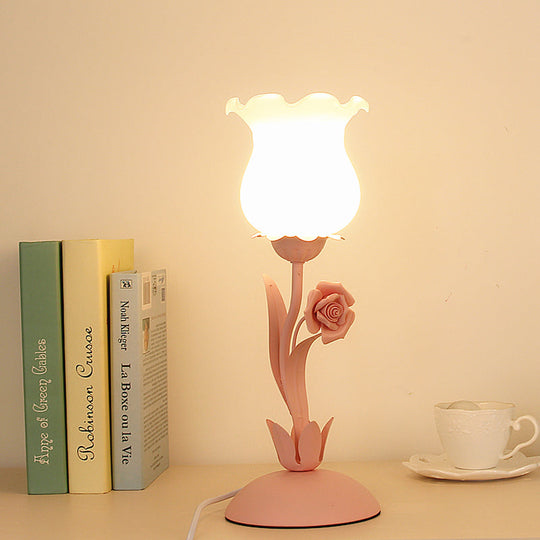 Acamar - Pastoral Rose Bud Table Light 1 Head Opal Matte Glass Nightstand Lamp With Pink/Blue/Green