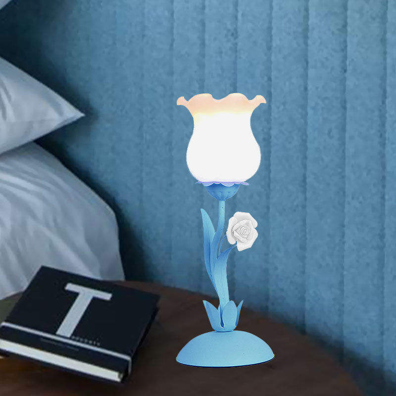 Acamar - Pastoral Rose Bud Table Light 1 Head Opal Matte Glass Nightstand Lamp With Pink/Blue/Green