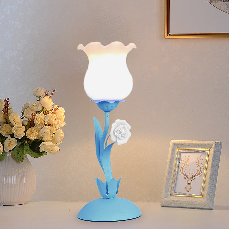 Acamar - Pastoral Rose Bud Table Light 1 Head Opal Matte Glass Nightstand Lamp With Pink/Blue/Green