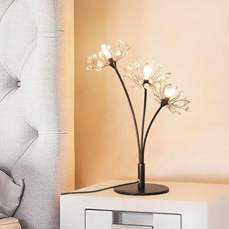 Victoire - Black Contemporary 3 Heads Desk Lamp With Hand - Cut Crystal Shade Blossom Nightstand