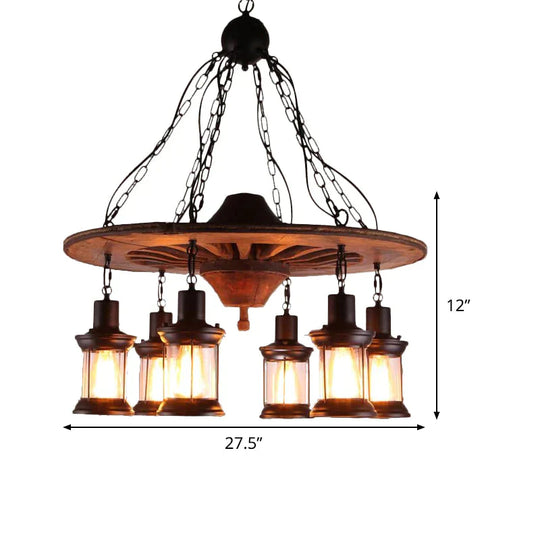 Antique Wooden Style Wheel Chandelier 6 Heads Black Ceiling Light With Lantern Clear Glass Shade