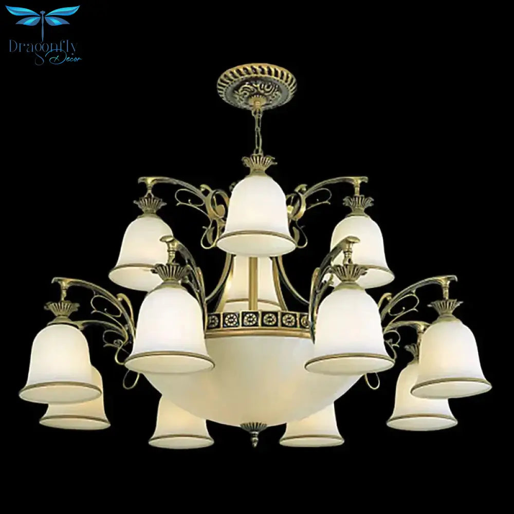15 - Light Chandelier Rustic Living Room Ceiling Hang Lamp With Tiered Bell Opal Glass Shade In