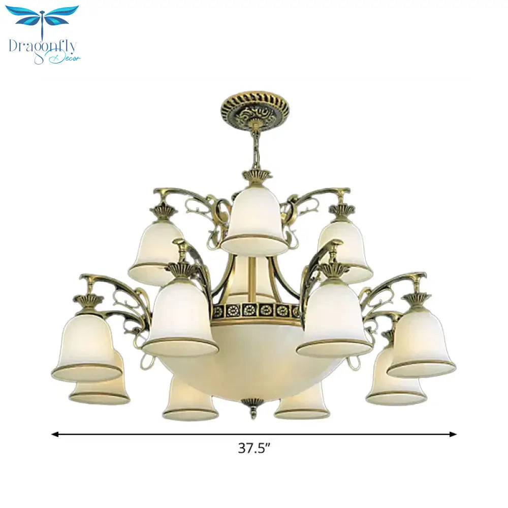 15 - Light Chandelier Rustic Living Room Ceiling Hang Lamp With Tiered Bell Opal Glass Shade In
