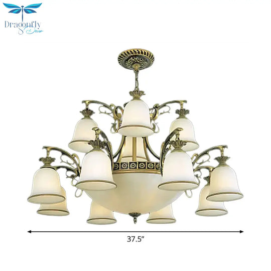 15 - Light Chandelier Rustic Living Room Ceiling Hang Lamp With Tiered Bell Opal Glass Shade In