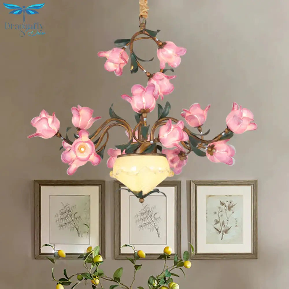 15 Lights Chandelier Pendant Light American Flower Metal Led Suspension Lamp In Brass For Bedroom