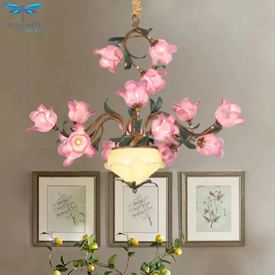 15 Lights Chandelier Pendant Light American Flower Metal Led Suspension Lamp In Brass For Bedroom