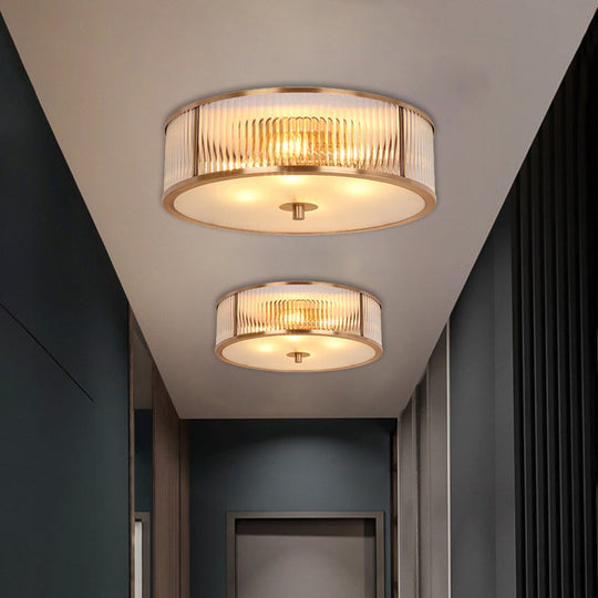 Antiqued Opaline Glass 3 - Head Brass Flush Mount Light With Fluted Drum Design For Bedrooms Ceiling