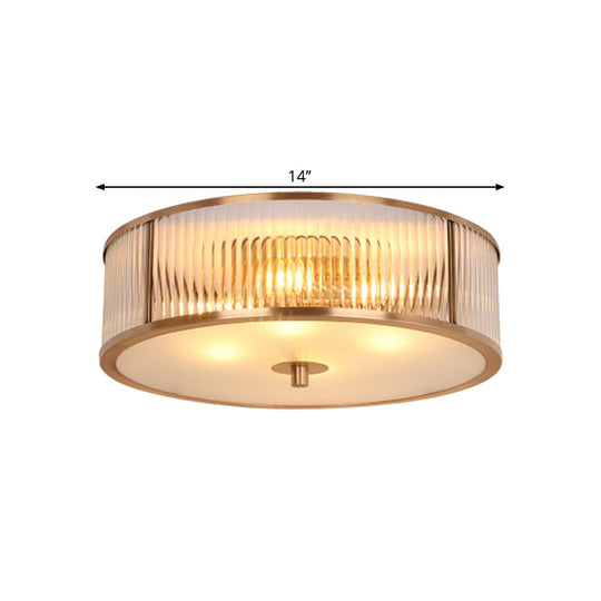 Antiqued Opaline Glass 3 - Head Brass Flush Mount Light With Fluted Drum Design For Bedrooms Ceiling