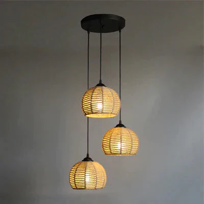 American Round Hemp Rope Chandelier Dia20Cm - Black - 3 Heads Discs / Warm Light Pendant