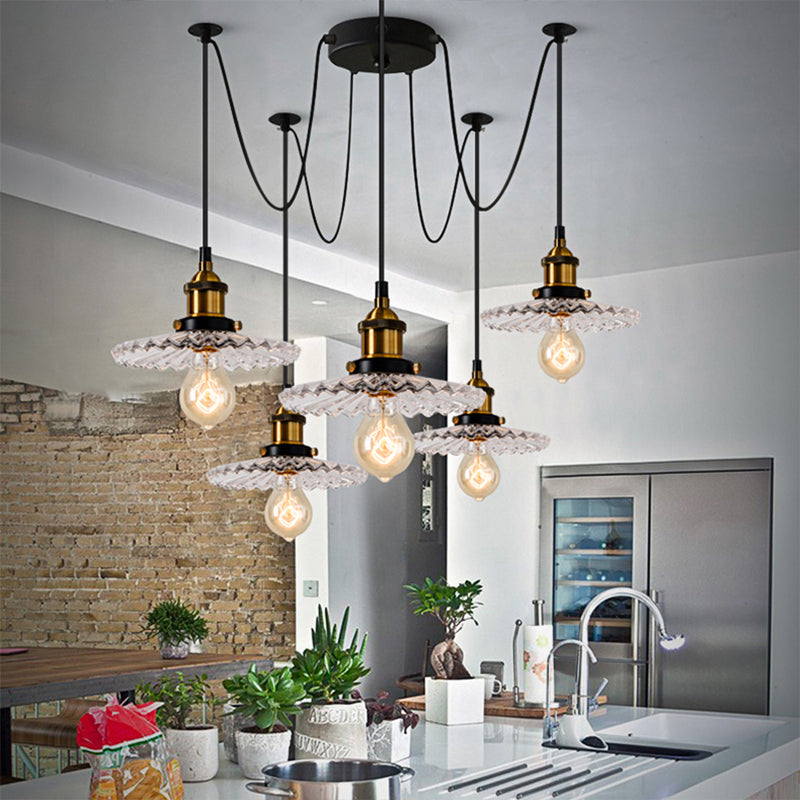 Monica - Vintage 3/5 - Light Multi Pendant With Radial Wave Shade Ribbed Glass Dining Room Hanging