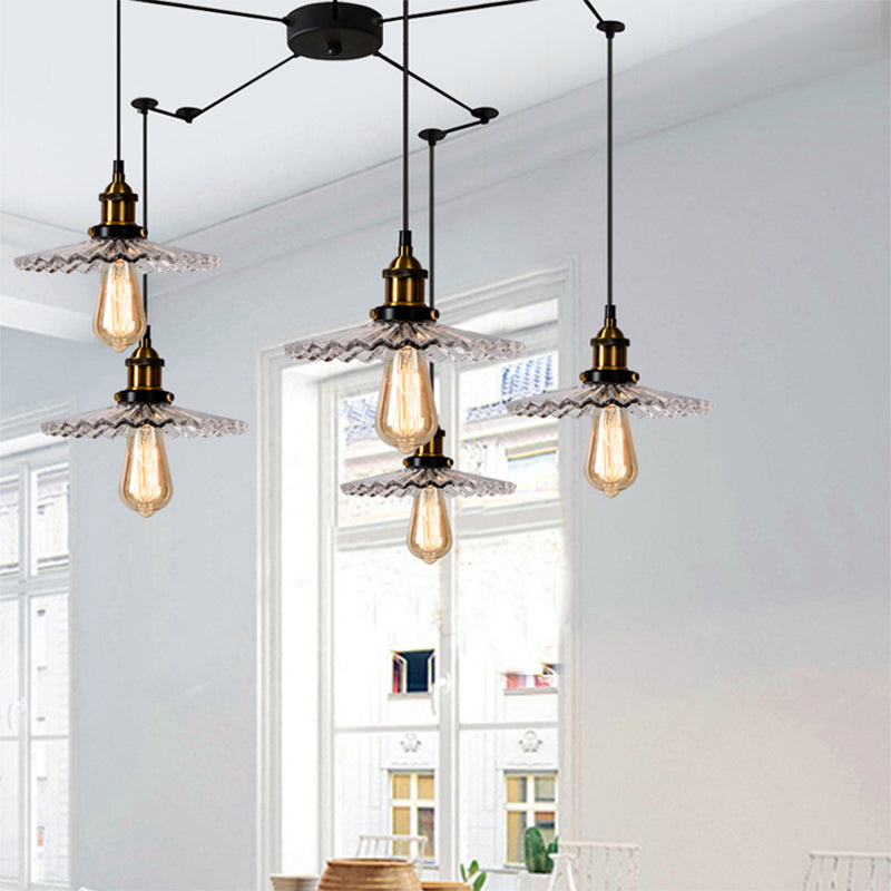 Monica - Vintage 3/5 - Light Multi Pendant With Radial Wave Shade Ribbed Glass Dining Room Hanging