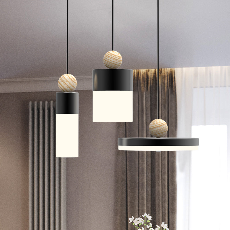 Alhena - Modernism Cylindrical Metal Suspension Light Led Black Pendulum With Round/Linear Canopy