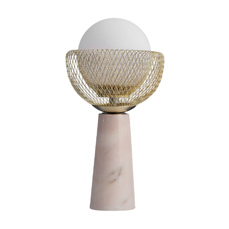 Rita - Minimalist Sphere White Glass Table Light 1 - Head Gold Night Lamp With Mesh Design