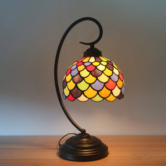Anna - Tiffany Bronze Dome Shaped Night Table Light 1 Stained Glass Nightstand Lamp With Fishscale