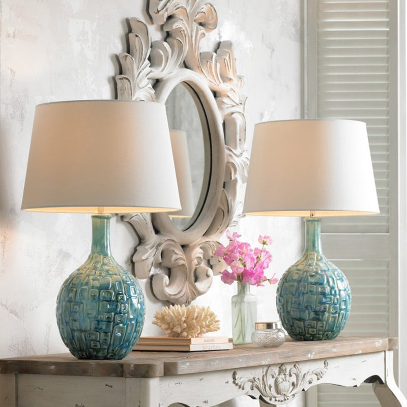 Rita - Rural Conical Nightstand Lamp: 1 - Bulb Fabric Shade Table Lamp In Blue