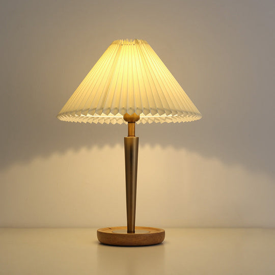 Zoé - Gold 1 - Head Night Table Lamp Countryside Conic Pleated Fabric Task Lighting With Wood