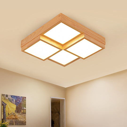 Modern Natural Wood Square Flush Mount Ceiling Light - 4/6/9 - Light Led Wooden Fixture In