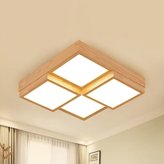 Modern Natural Wood Square Flush Mount Ceiling Light - 4/6/9 - Light Led Wooden Fixture In